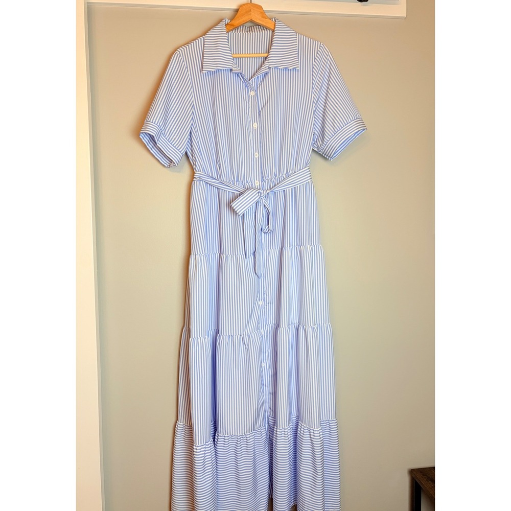 SHEIN Blue White Striped Tiered Maxi Shirtdress Short Sleeve Belted Size L